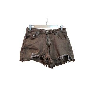 Fashion Nova Brown Distressed High-Waisted Denim Shorts Size 11 Frayed Hem
